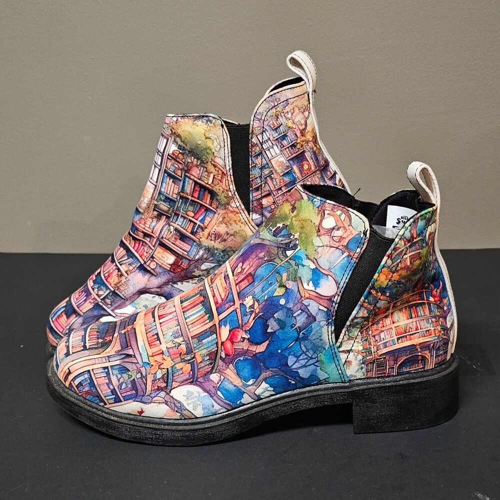 Offbeat Sweetie Tree Library Funky Ankle Boots Watercolor Unisex 7.5M 9W 40.5